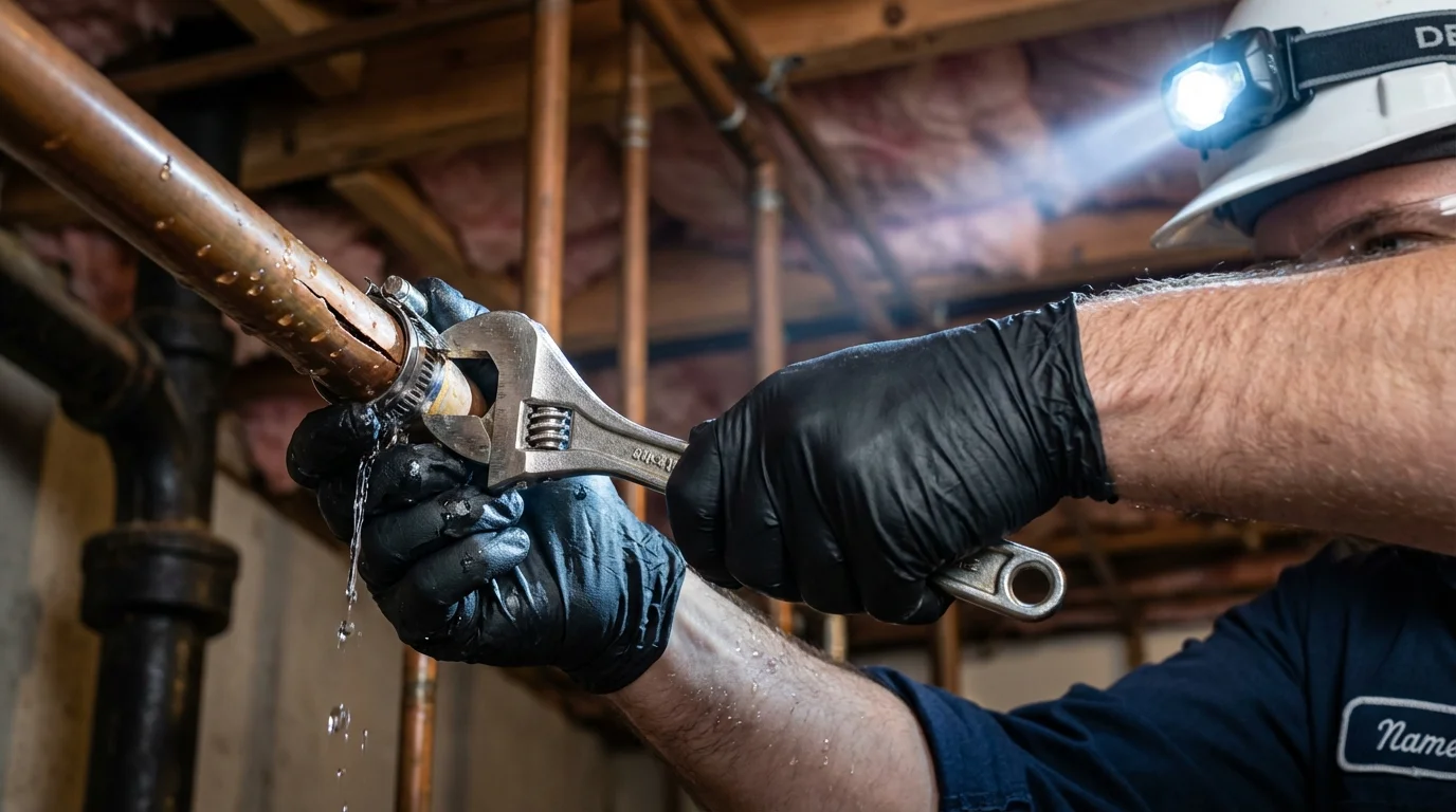 Emergency pipe clamp repair being performed by a Johns Plumbing LLC plumber in Worcester