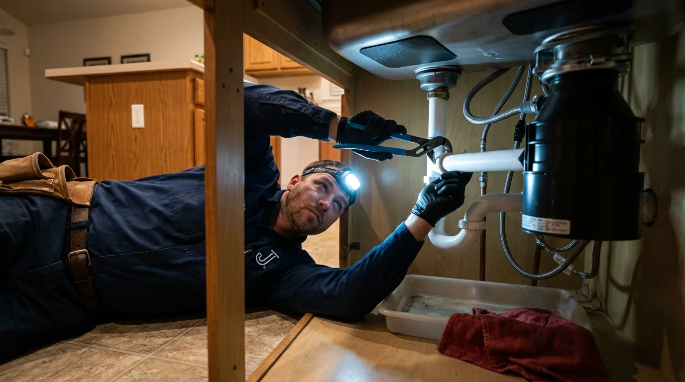 P-trap and supply line connections under a kitchen sink showing a common leak point in Worcester, NY